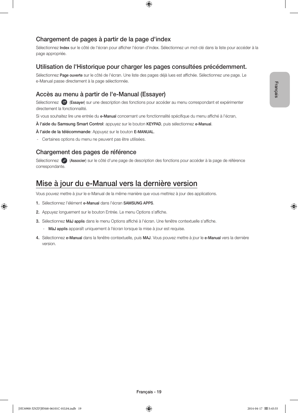 Mise à jour du e-manual vers la dernière version, Chargement de pages à partir de la page d'index, Accès au menu à partir de l'e-manual (essayer) | Chargement des pages de référence | Samsung UE50HU6900S User Manual | Page 43 / 97