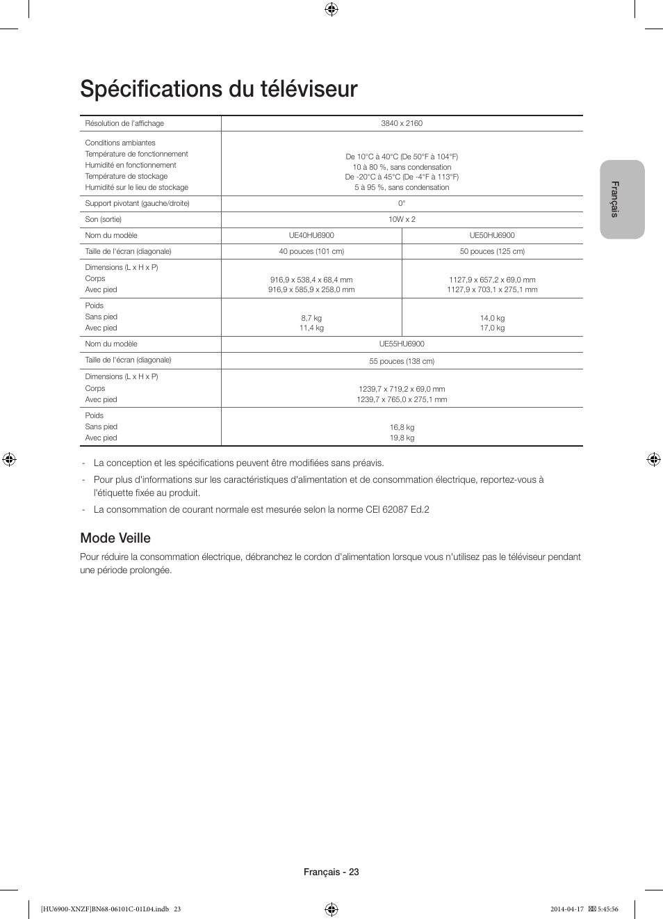 Spécifications du téléviseur, Mode veille | Samsung UE50HU6900S User Manual | Page 47 / 97