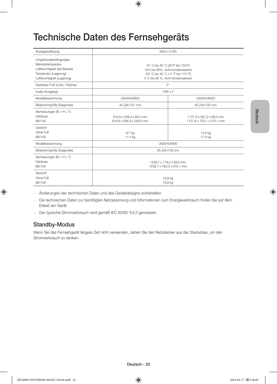 Technische daten des fernsehgeräts, Standby-modus | Samsung UE50HU6900S User Manual | Page 71 / 97