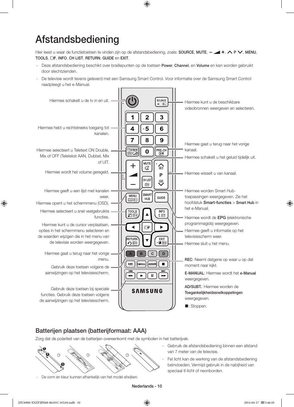 Afstandsbediening, Batterijen plaatsen (batterijformaat: aaa) | Samsung UE50HU6900S User Manual | Page 82 / 97