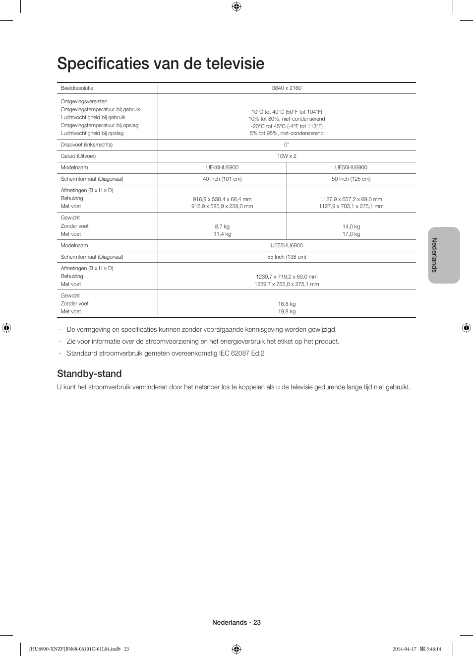 Specificaties van de televisie, Standby-stand | Samsung UE50HU6900S User Manual | Page 95 / 97