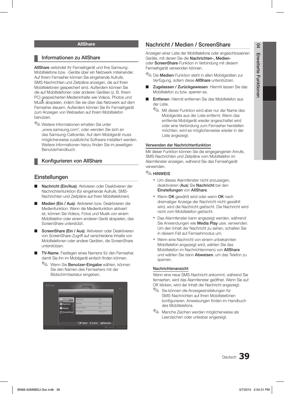 Einstellungen, Nachricht / medien / screenshare | Samsung LE40C630K1W User Manual | Page 137 / 197