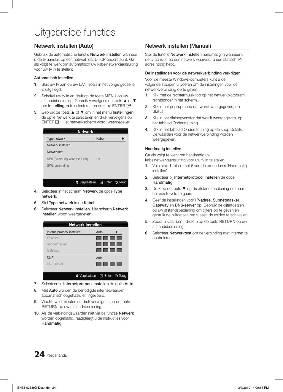 Uitgebreide functies, Netwerk instellen (auto), Netwerk instellen (manual) | Samsung LE40C630K1W User Manual | Page 171 / 197