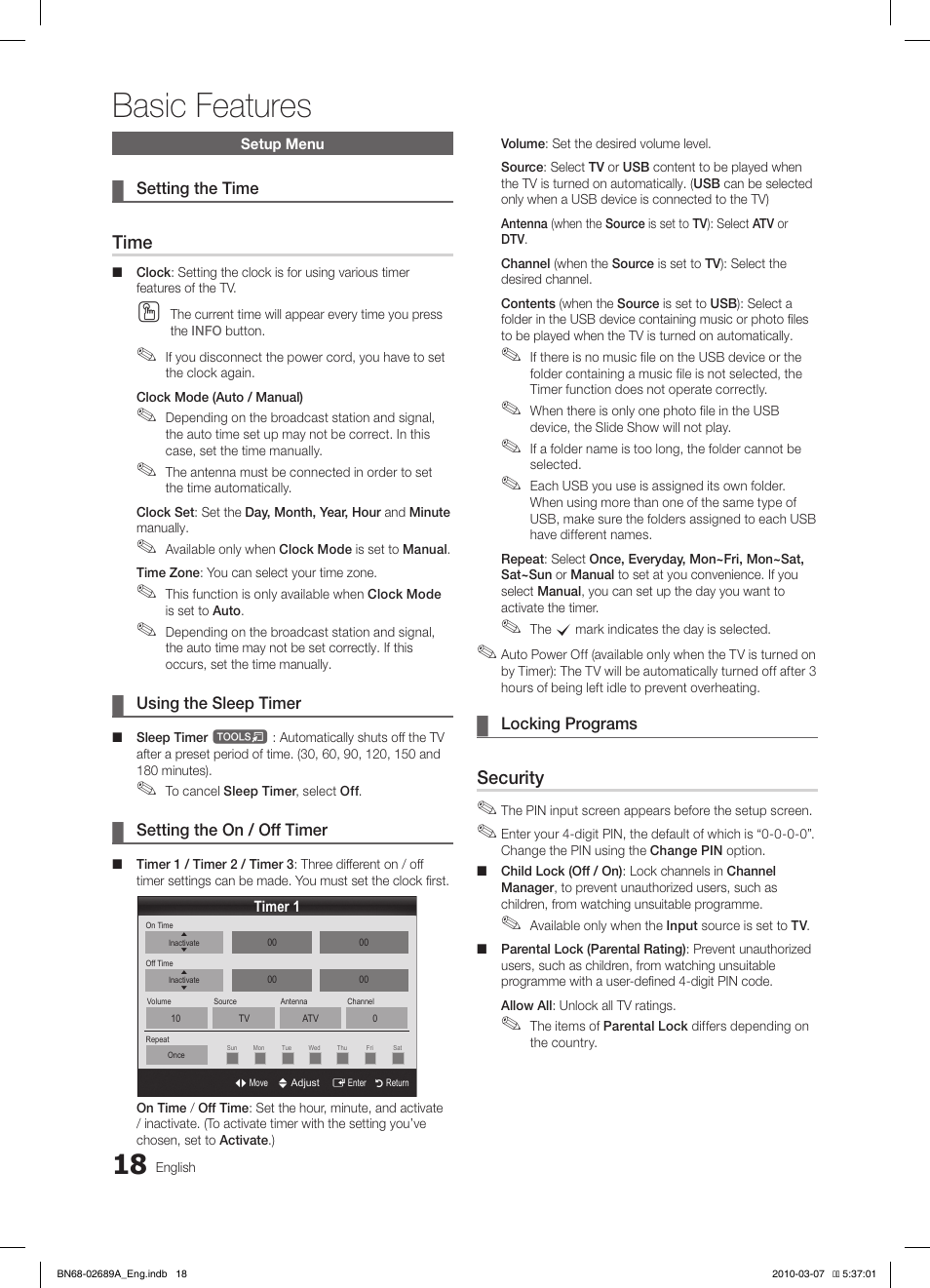 Basic features, Time, Security | Samsung LE40C630K1W User Manual | Page 18 / 197