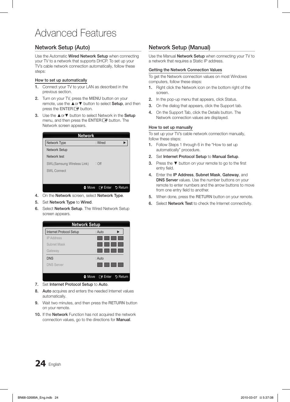 Advanced features, Network setup (auto), Network setup (manual) | Samsung LE40C630K1W User Manual | Page 24 / 197