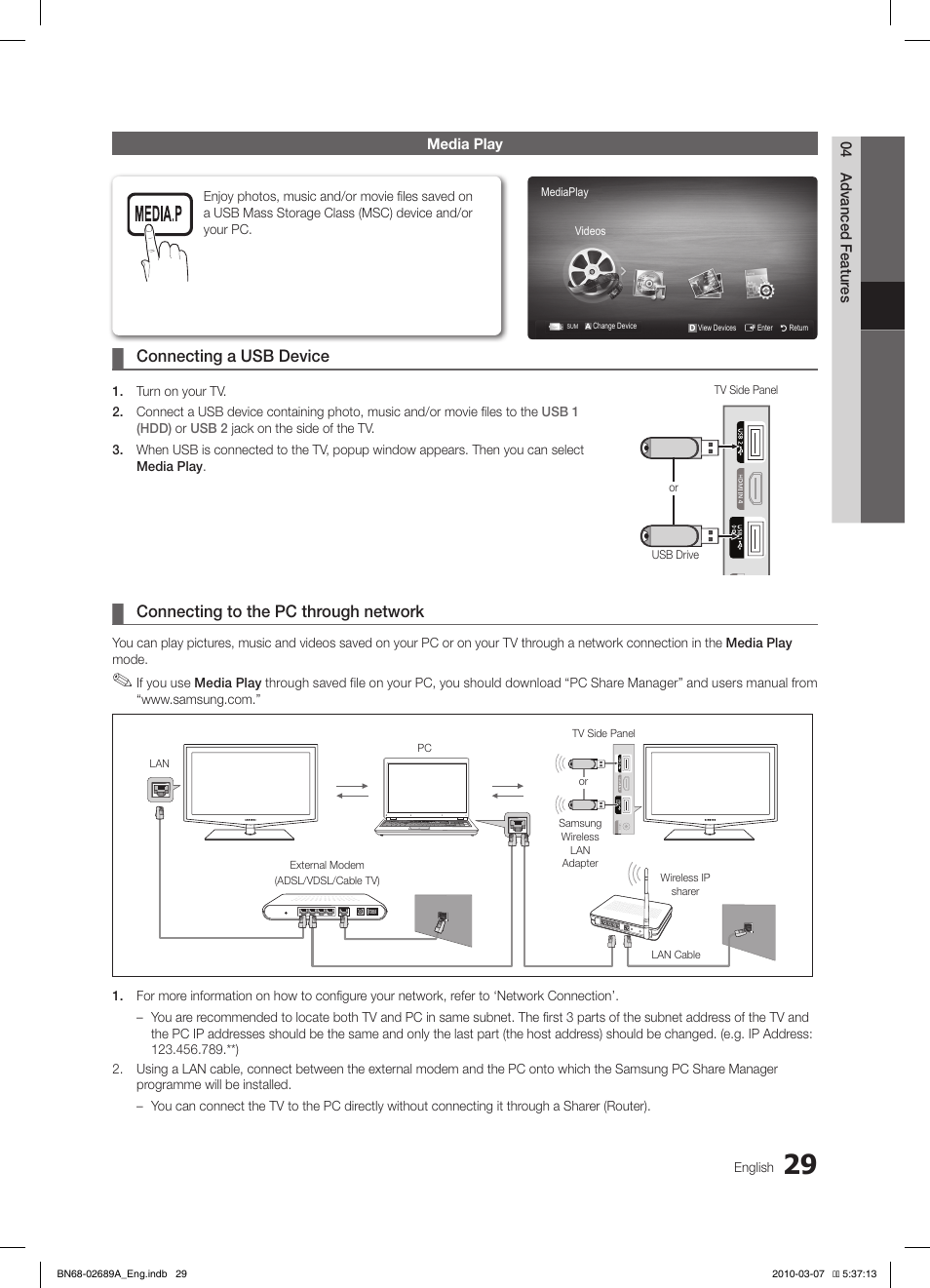 S.mode p.mode, Connecting a ¦ usb device, Connecting to the pc through network | Samsung LE40C630K1W User Manual | Page 29 / 197