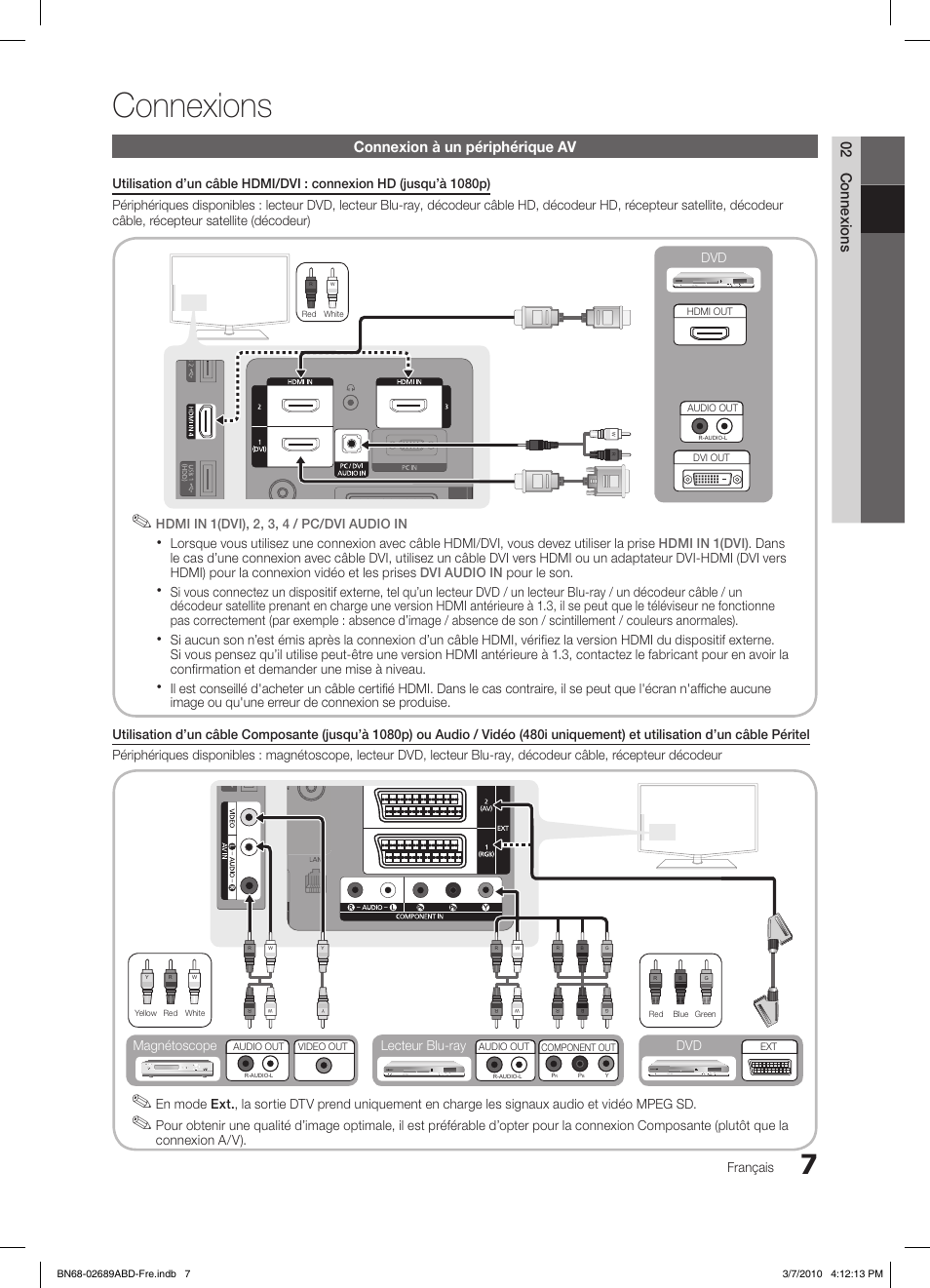 Connexions, 02 connexions, Connexion à un périphérique av | Français, Connexion a/v), Lecteur blu-ray dvd magnétoscope | Samsung LE40C630K1W User Manual | Page 56 / 197