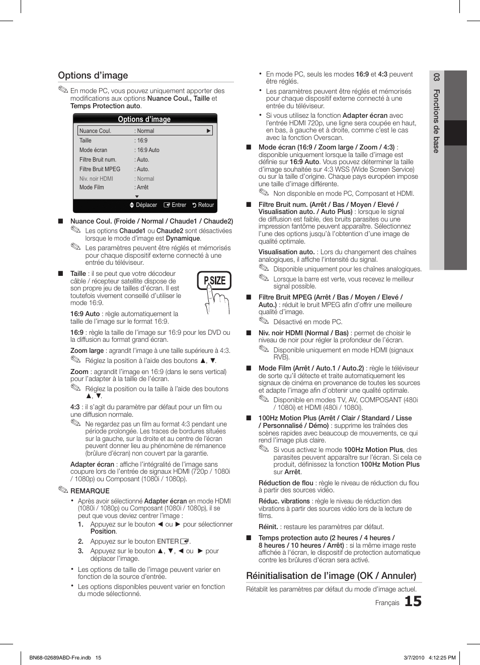 S.mode p.mode, Options d’image, Réinitialisation de l’image (ok / annuler) | Samsung LE40C630K1W User Manual | Page 64 / 197