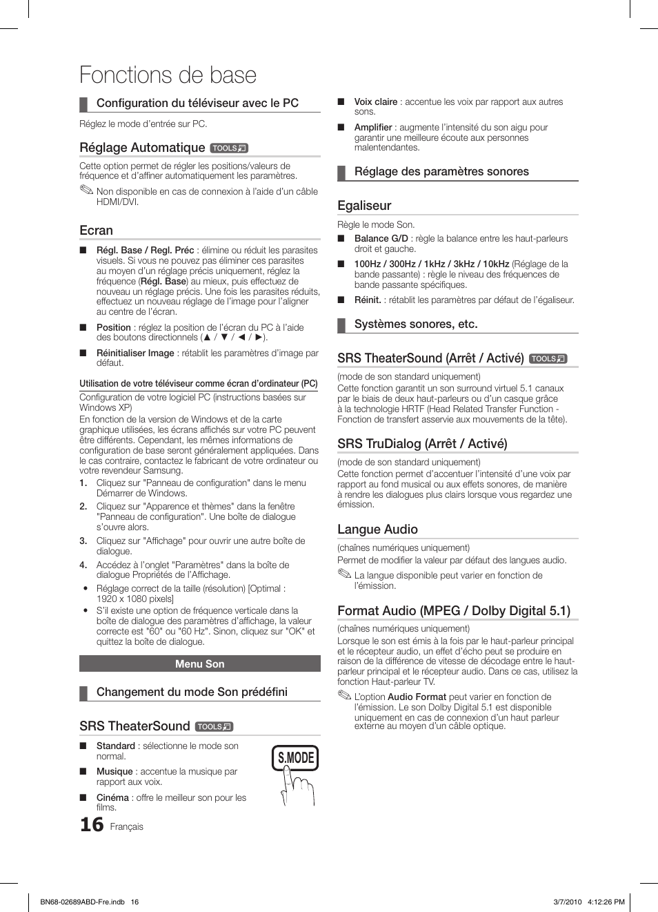 Fonctions de base, S.mode p.mode, Réglage automatique | Ecran, Srs theatersound, Egaliseur, Srs theatersound (arrêt / activé), Srs trudialog (arrêt / activé), Langue audio, Format audio (mpeg / dolby digital 5.1) | Samsung LE40C630K1W User Manual | Page 65 / 197