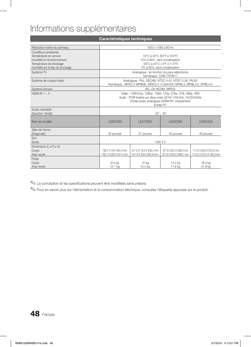 Informations supplémentaires | Samsung LE40C630K1W User Manual | Page 97 / 197