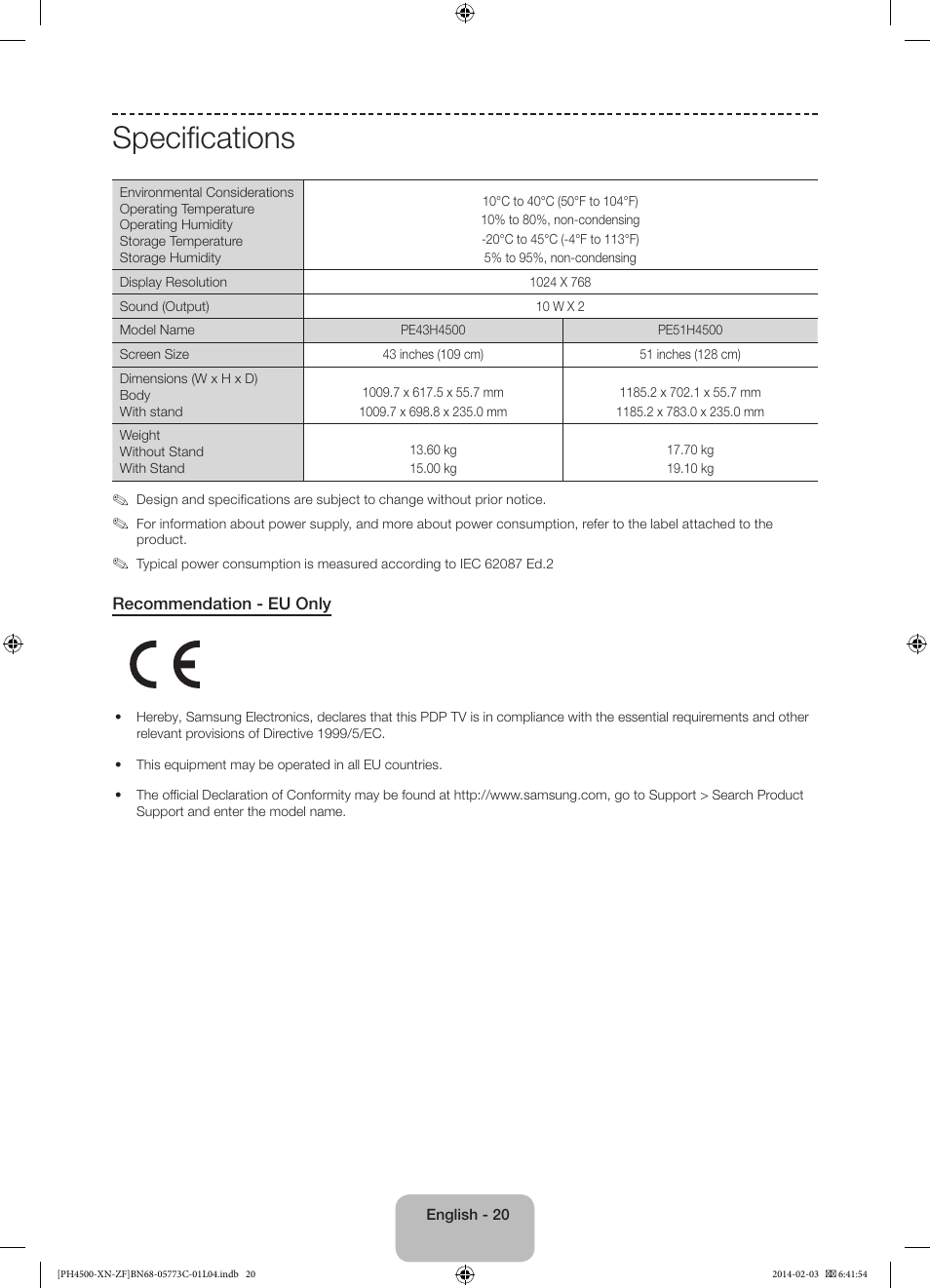 Specifications | Samsung PE43H4500AW User Manual | Page 20 / 89