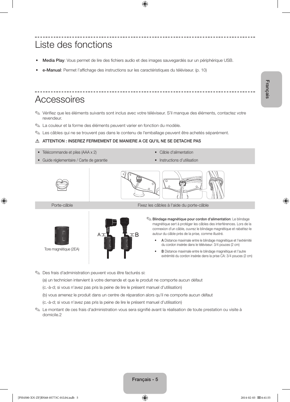 Liste des fonctions, Accessoires | Samsung PE43H4500AW User Manual | Page 27 / 89