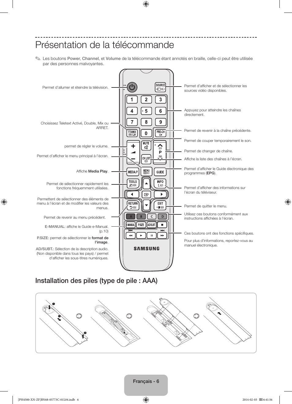 Présentation de la télécommande, Installation des piles (type de pile : aaa) | Samsung PE43H4500AW User Manual | Page 28 / 89