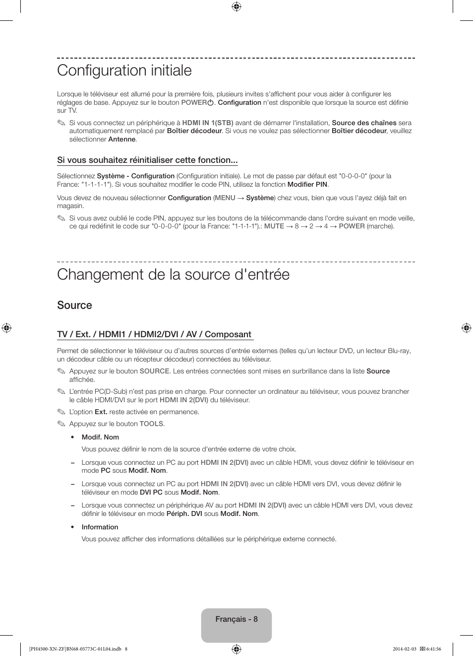 Configuration initiale, Changement de la source d'entrée, Source | Samsung PE43H4500AW User Manual | Page 30 / 89