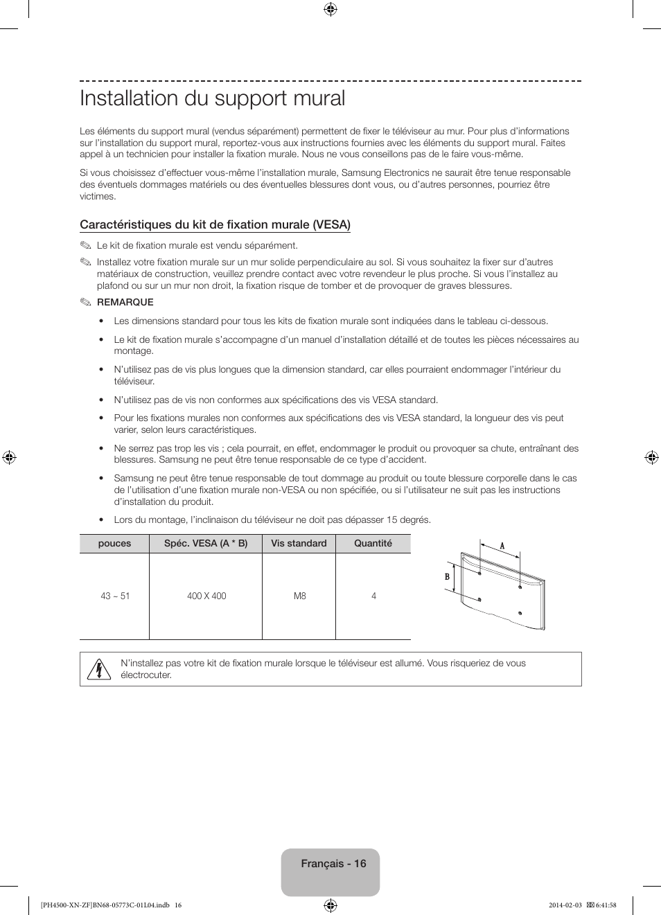 Installation du support mural | Samsung PE43H4500AW User Manual | Page 38 / 89