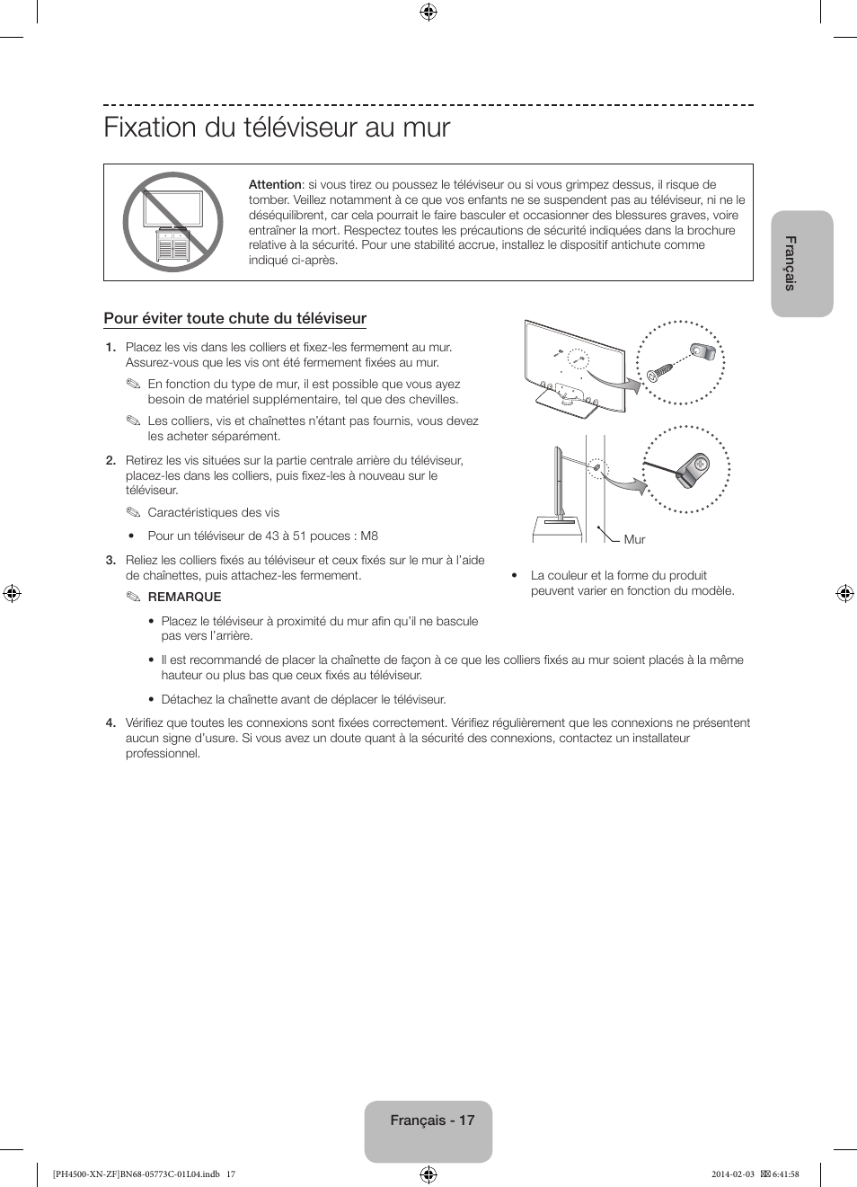 Fixation du téléviseur au mur | Samsung PE43H4500AW User Manual | Page 39 / 89