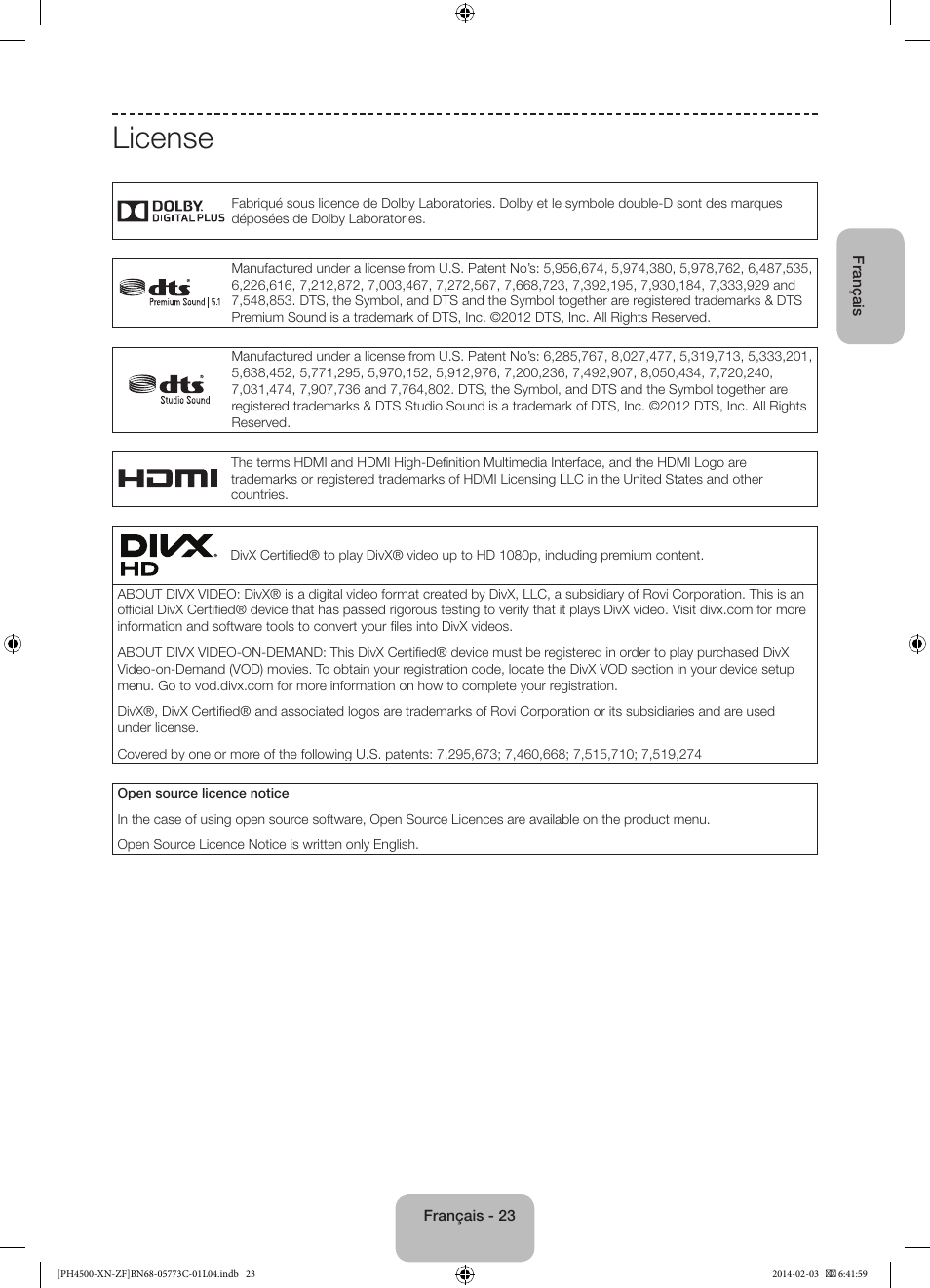 License | Samsung PE43H4500AW User Manual | Page 45 / 89