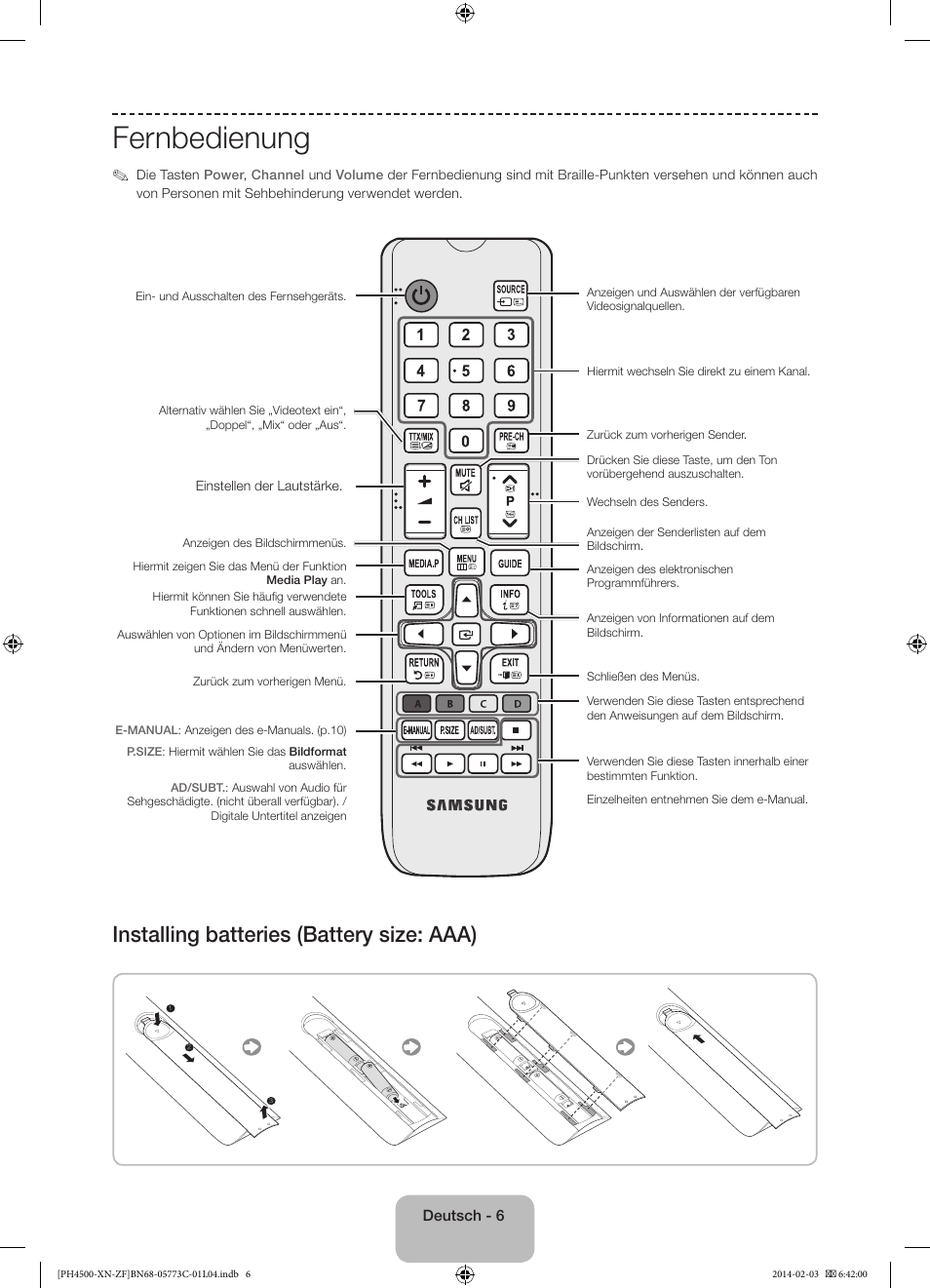 Fernbedienung, Installing batteries (battery size: aaa) | Samsung PE43H4500AW User Manual | Page 50 / 89
