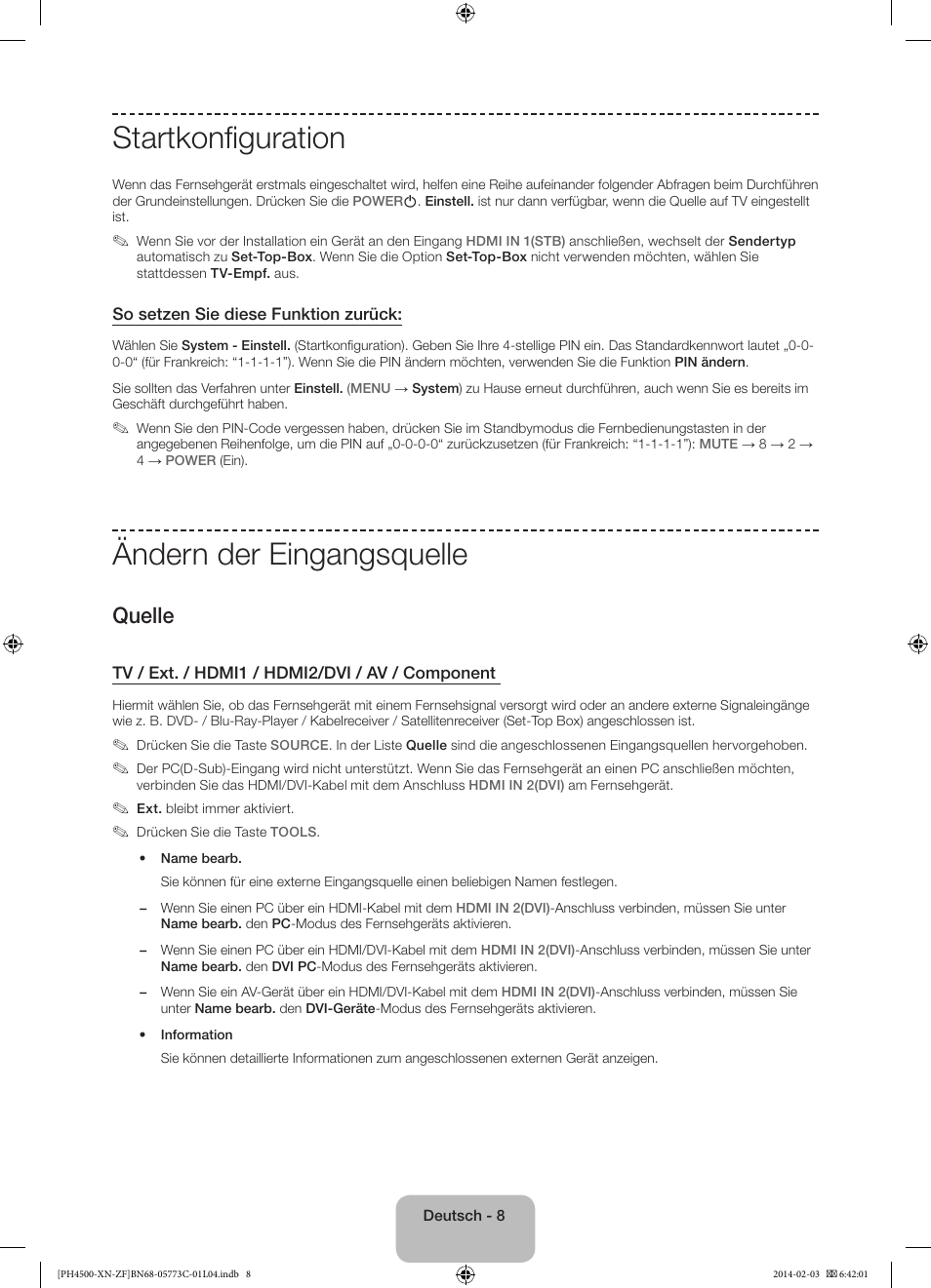Startkonfiguration, Ändern der eingangsquelle, Quelle | Samsung PE43H4500AW User Manual | Page 52 / 89