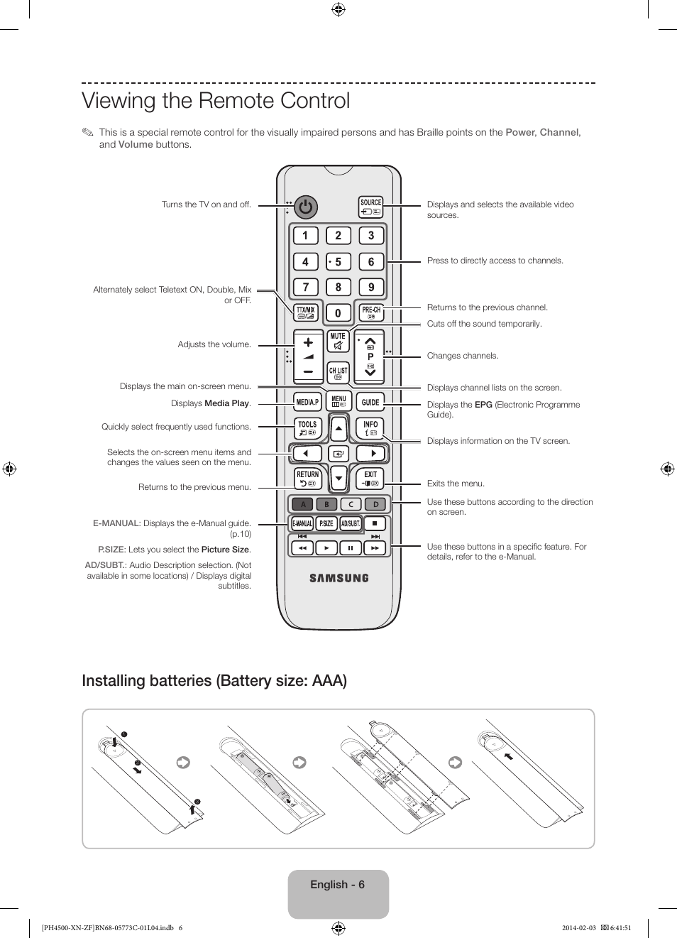 Viewing the remote control, Installing batteries (battery size: aaa) | Samsung PE43H4500AW User Manual | Page 6 / 89
