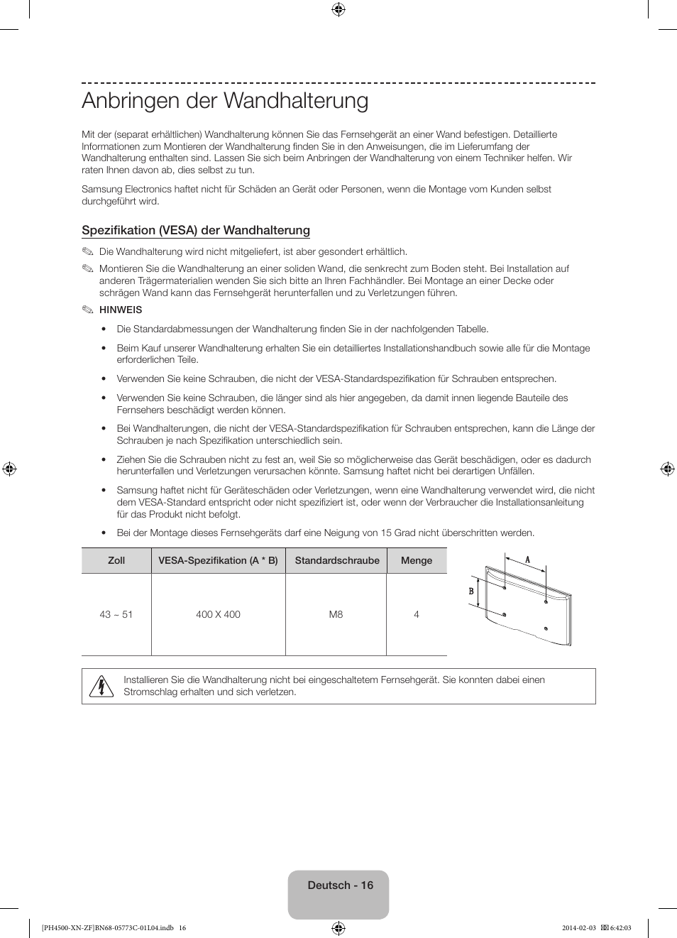 Anbringen der wandhalterung | Samsung PE43H4500AW User Manual | Page 60 / 89