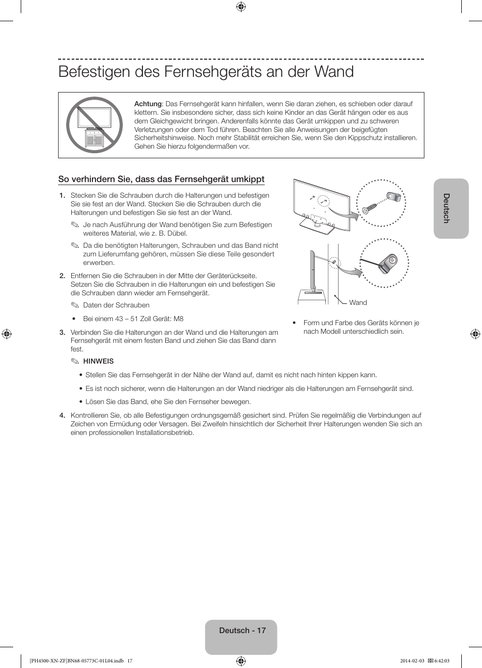 Befestigen des fernsehgeräts an der wand | Samsung PE43H4500AW User Manual | Page 61 / 89