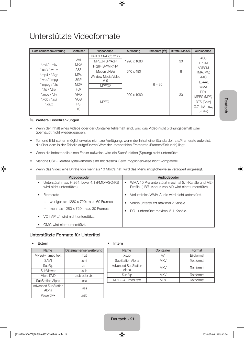 Unterstützte videoformate, Unterstützte formate für untertitel | Samsung PE43H4500AW User Manual | Page 65 / 89