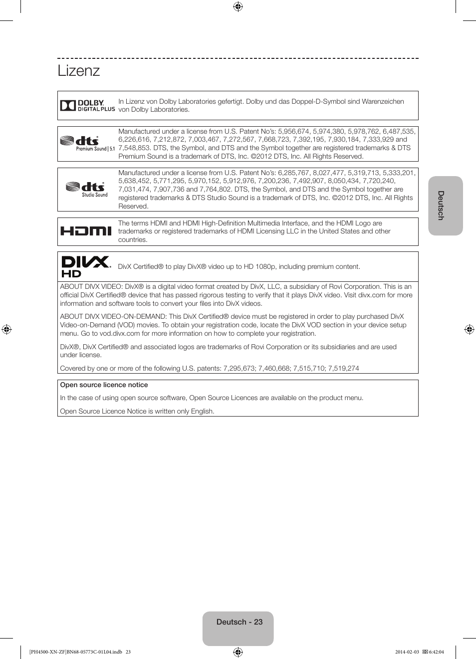 Lizenz | Samsung PE43H4500AW User Manual | Page 67 / 89
