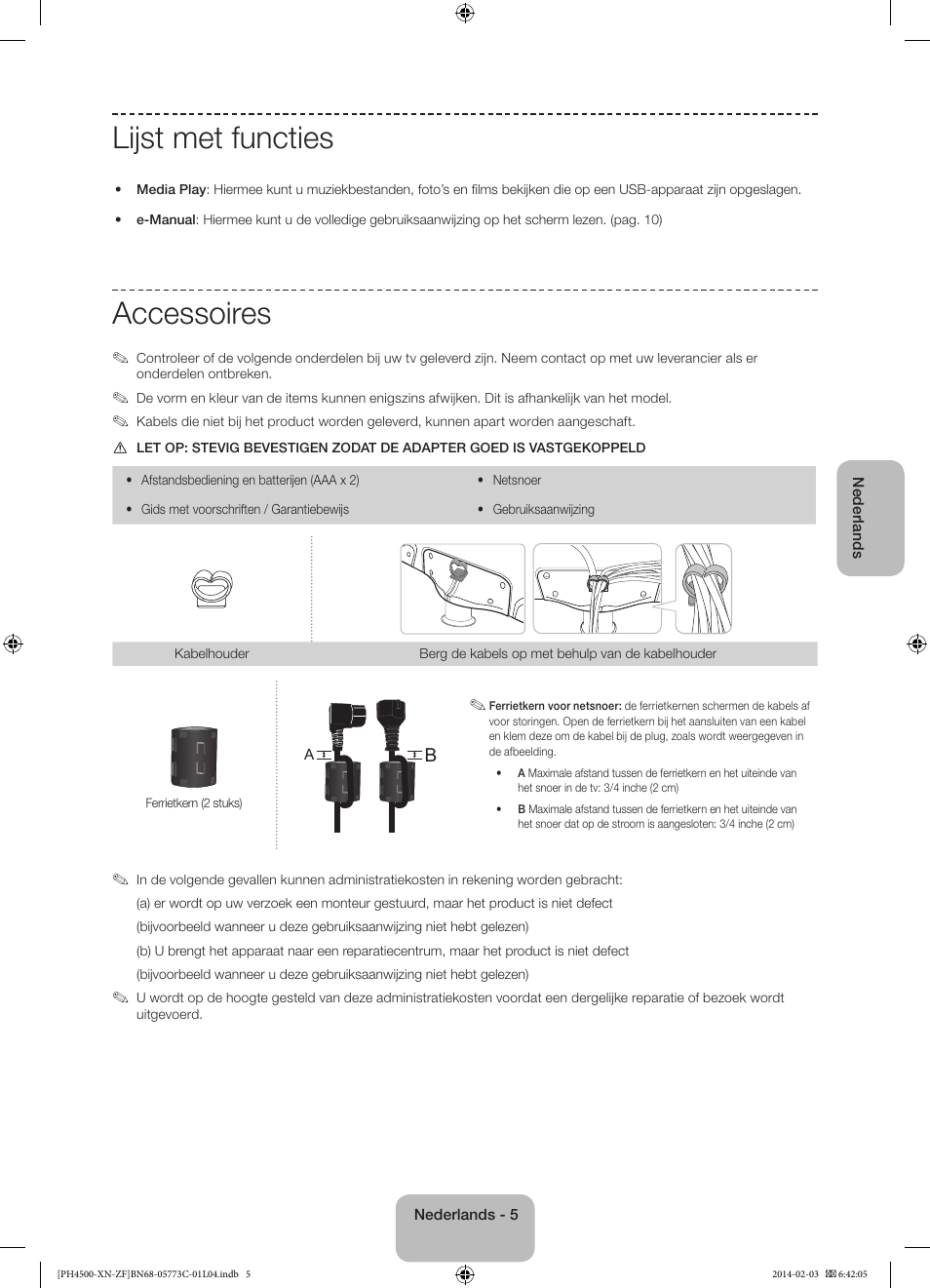 Lijst met functies, Accessoires | Samsung PE43H4500AW User Manual | Page 71 / 89