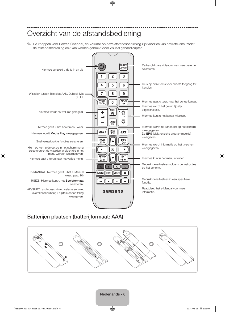 Overzicht van de afstandsbediening, Batterijen plaatsen (batterijformaat: aaa) | Samsung PE43H4500AW User Manual | Page 72 / 89