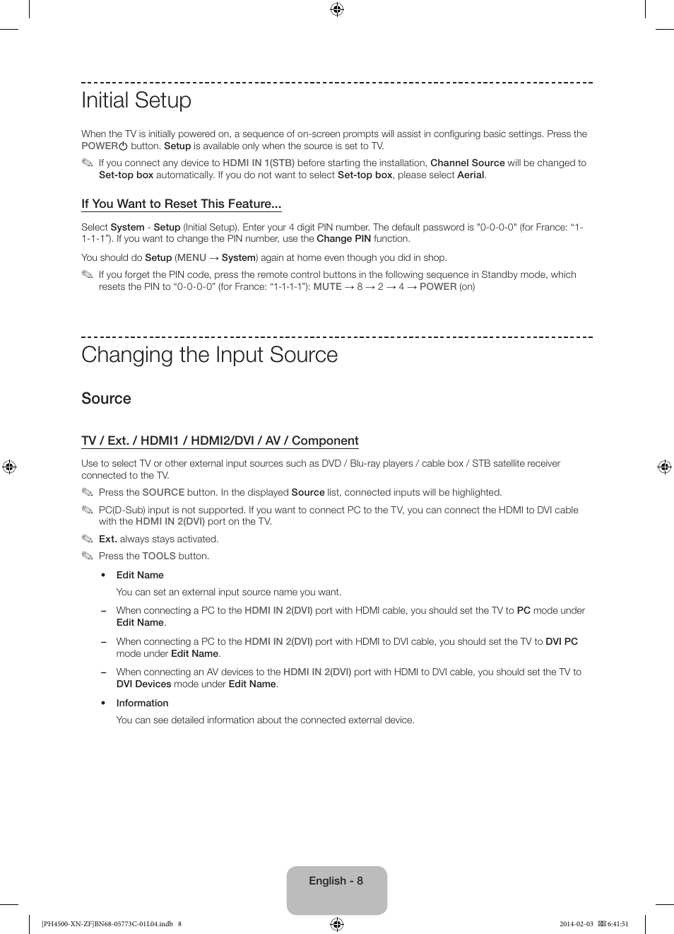 Initial setup, Changing the input source, Source | Samsung PE43H4500AW User Manual | Page 8 / 89