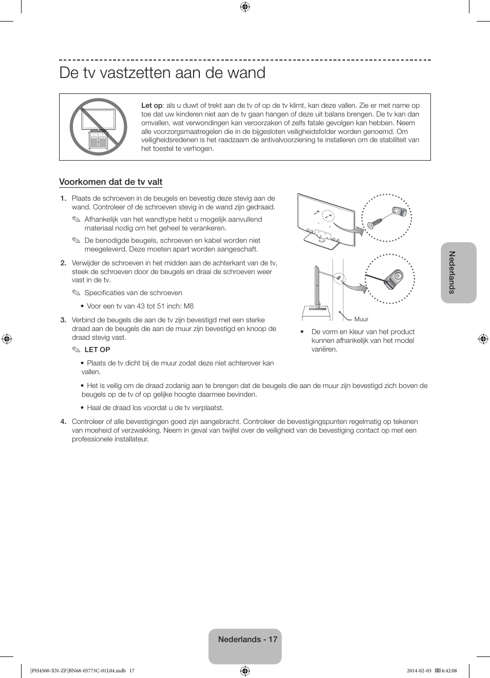 De tv vastzetten aan de wand | Samsung PE43H4500AW User Manual | Page 83 / 89