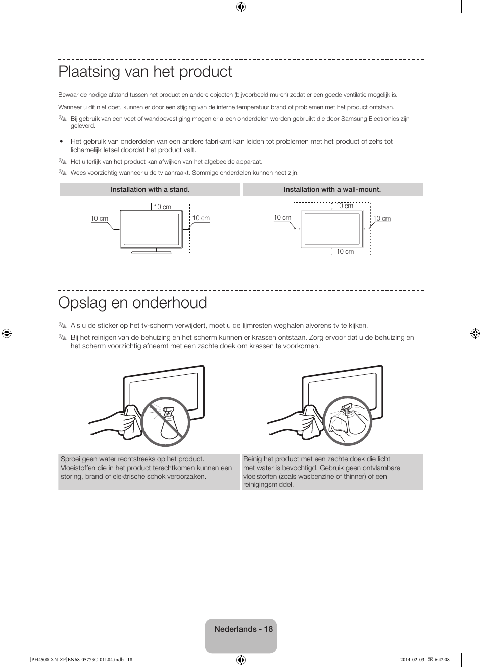 Plaatsing van het product, Opslag en onderhoud | Samsung PE43H4500AW User Manual | Page 84 / 89