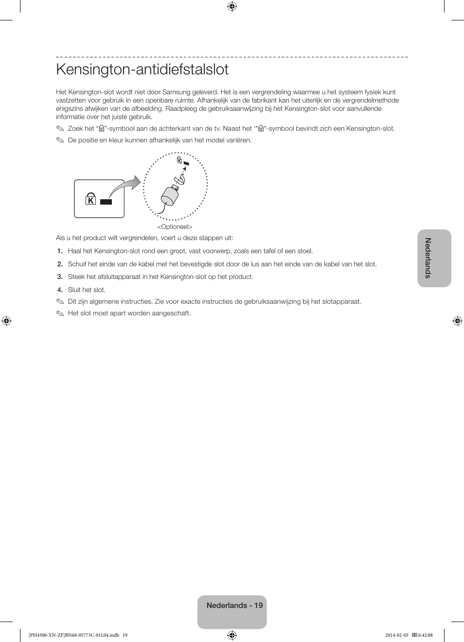 Kensington-antidiefstalslot | Samsung PE43H4500AW User Manual | Page 85 / 89