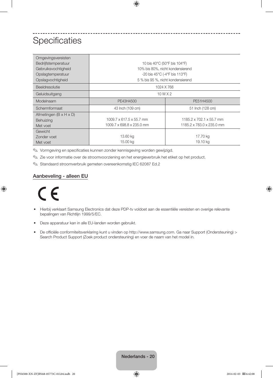 Specificaties | Samsung PE43H4500AW User Manual | Page 86 / 89