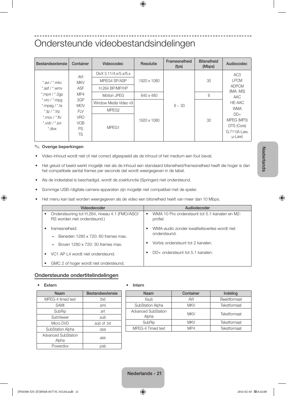 Ondersteunde videobestandsindelingen, Ondersteunde ondertitelindelingen | Samsung PE43H4500AW User Manual | Page 87 / 89