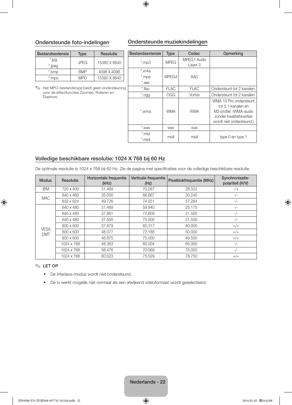 Ondersteunde foto-indelingen, Ondersteunde muziekindelingen | Samsung PE43H4500AW User Manual | Page 88 / 89