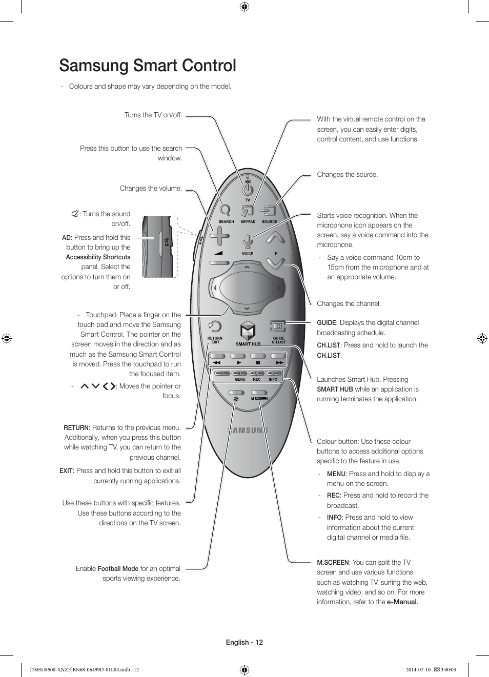 Samsung smart control | Samsung UE78HU8500L User Manual | Page 12 / 97