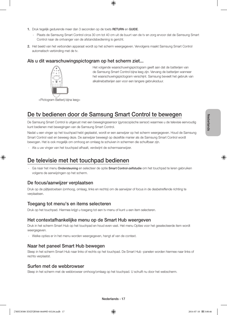 De televisie met het touchpad bedienen, De focus/aanwijzer verplaatsen, Toegang tot menu's en items selecteren | Naar het paneel smart hub bewegen, Surfen met de webbrowser | Samsung UE78HU8500L User Manual | Page 89 / 97