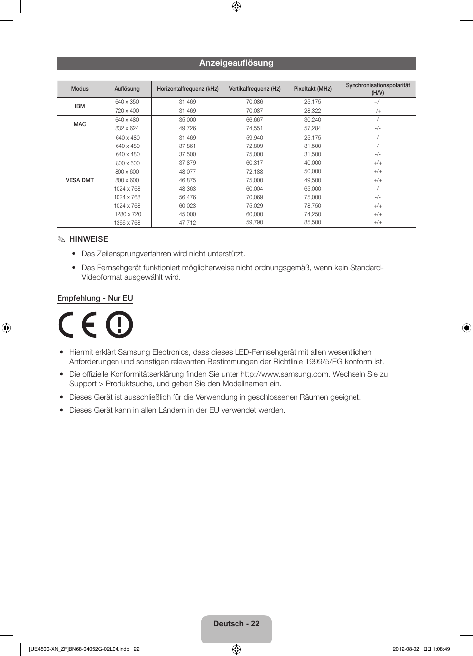 Anzeigeauflösung | Samsung UE26EH4500W User Manual | Page 66 / 88
