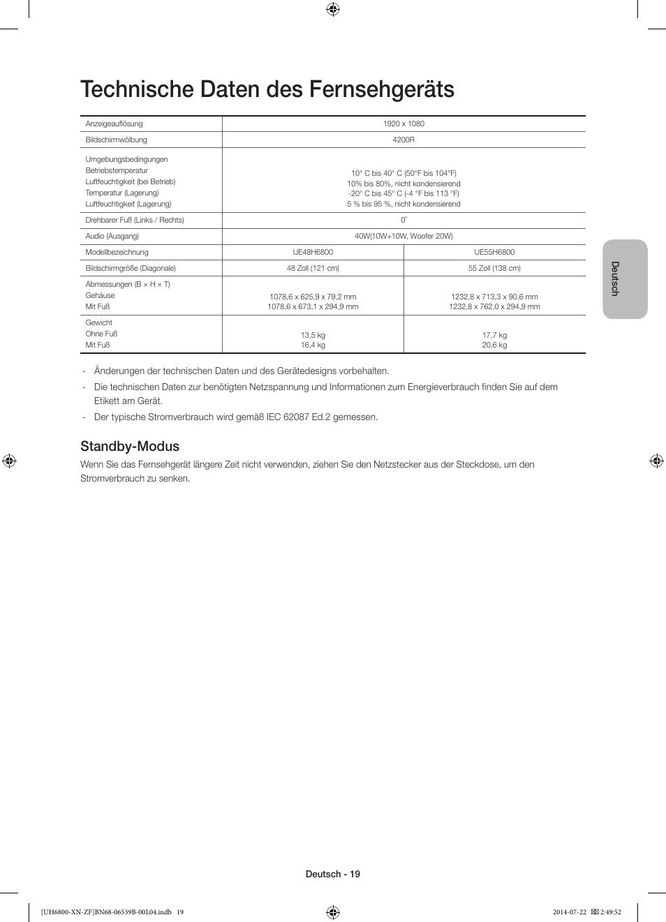Technische daten des fernsehgeräts, Standby-modus | Samsung UE48H6800AW User Manual | Page 59 / 81