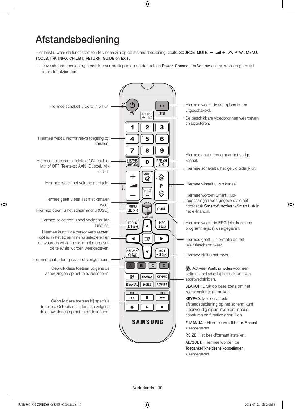 Afstandsbediening | Samsung UE48H6800AW User Manual | Page 70 / 81