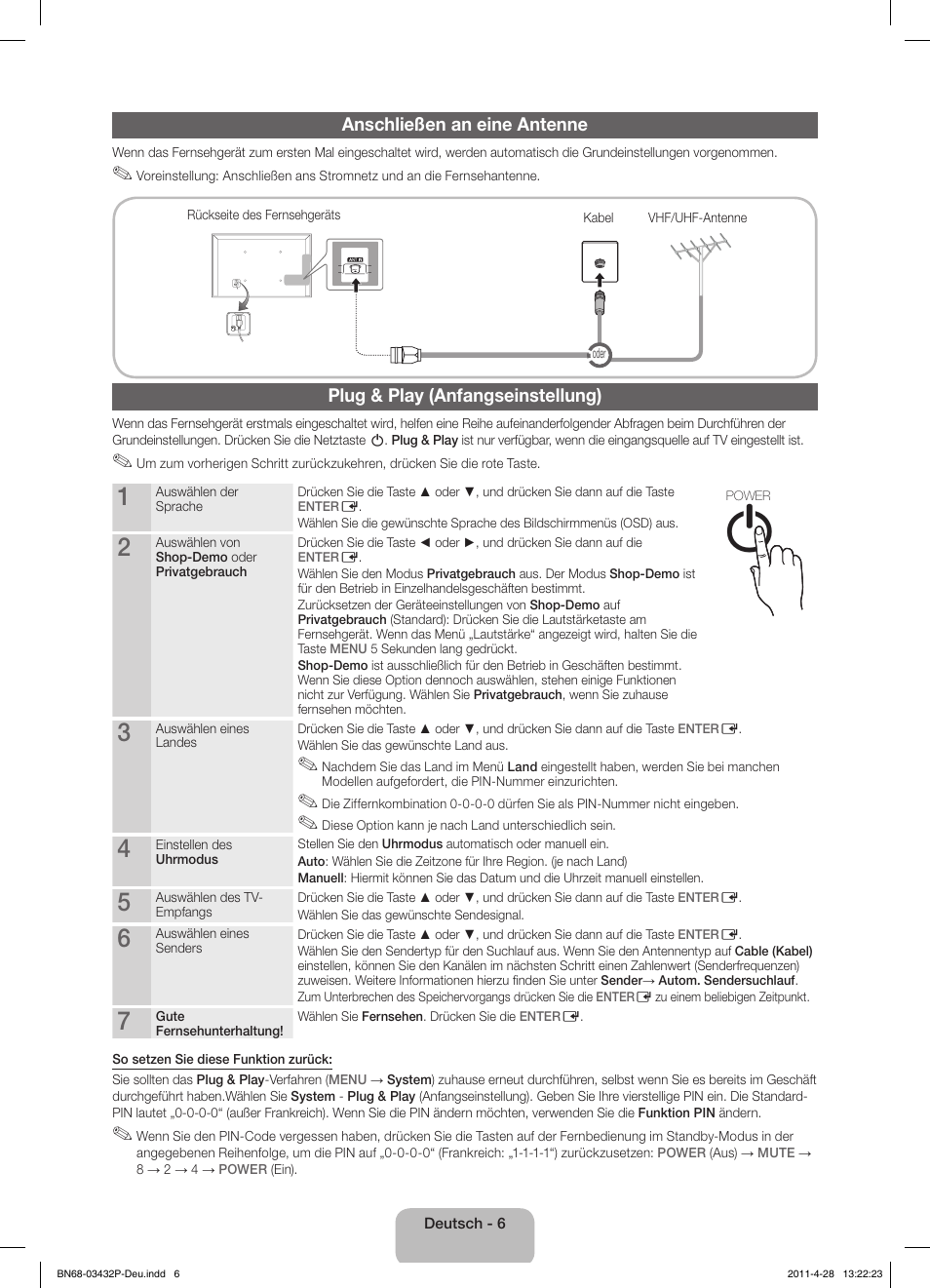 Anschließen an eine antenne, Plug & play (anfangseinstellung) | Samsung UE27D5010NW User Manual | Page 38 / 65