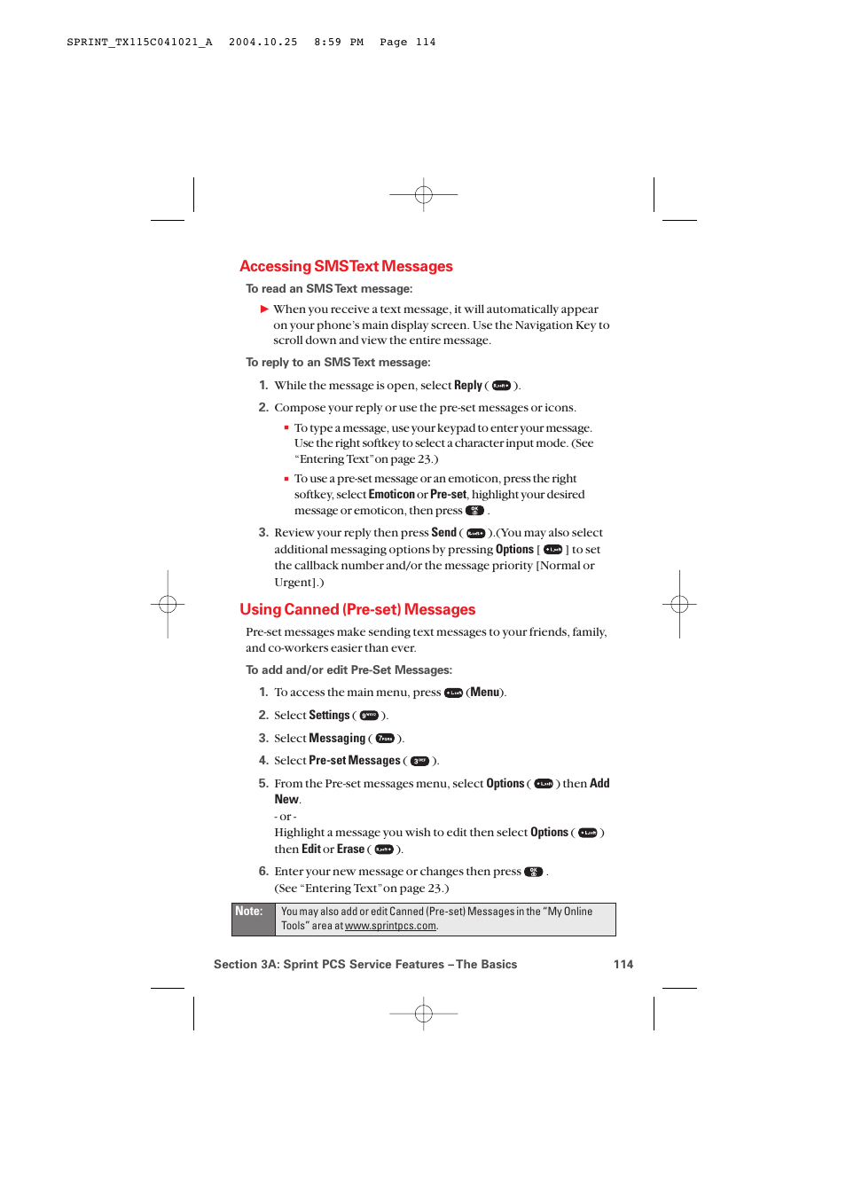 Accessing sms text messages, Using canned (pre-set) messages | Audiovox PM-8912 User Manual | Page 123 / 201