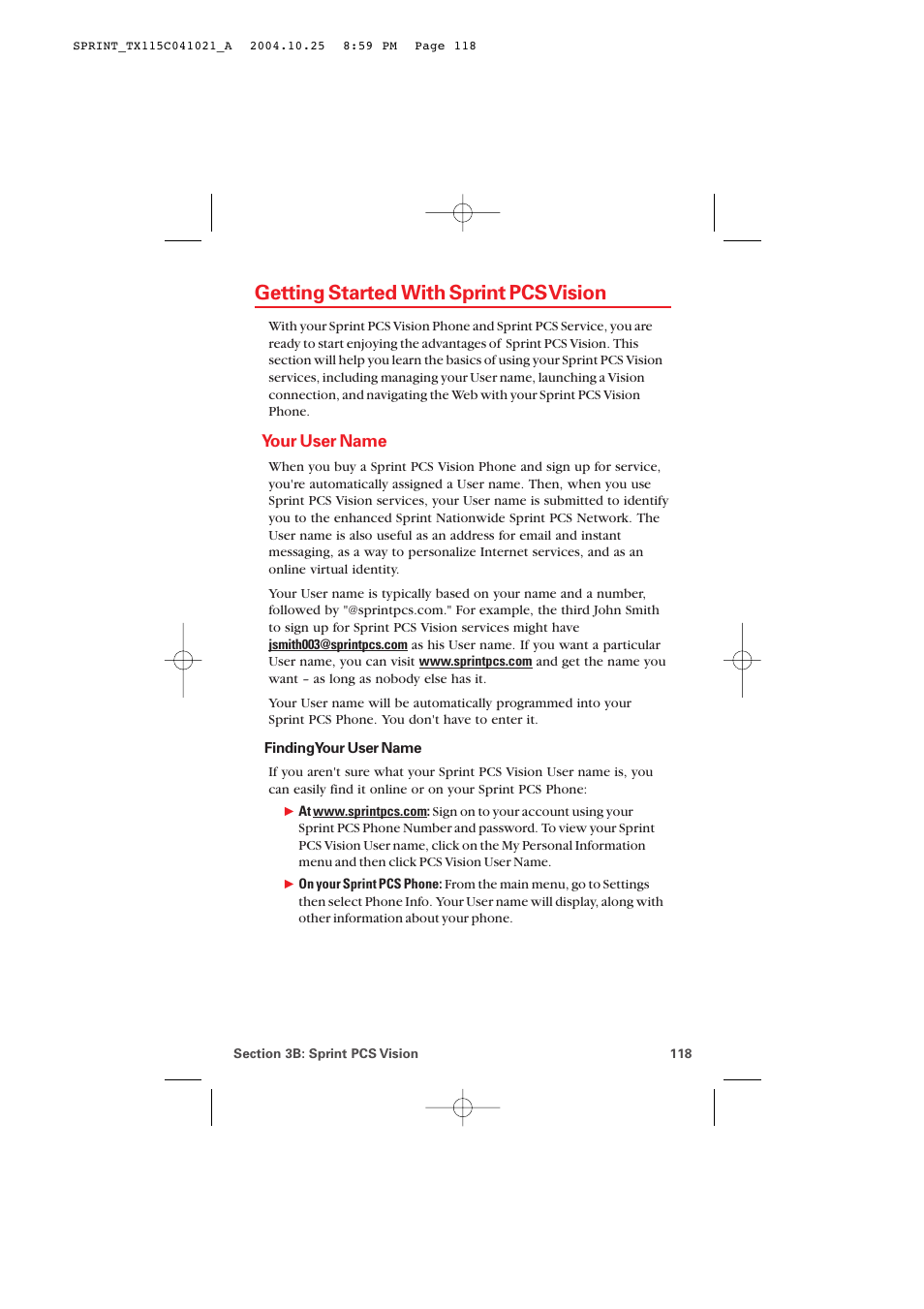 Getting started with sprint pcs vision, Your user name | Audiovox PM-8912 User Manual | Page 127 / 201