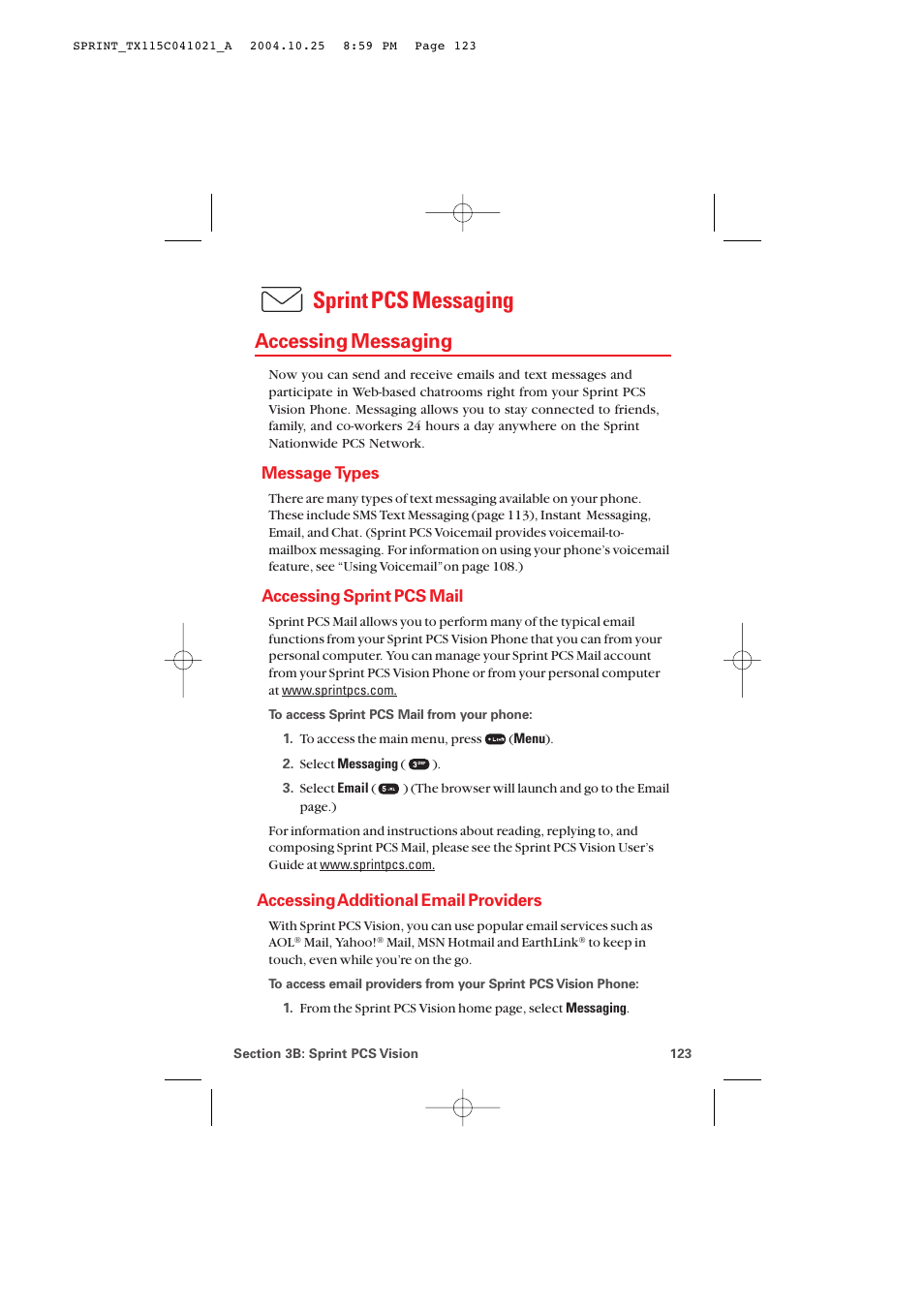Accessing messaging, Message types, Accessing sprint pcs mail | Accessing additional email providers, Sprint pcs messaging | Audiovox PM-8912 User Manual | Page 132 / 201