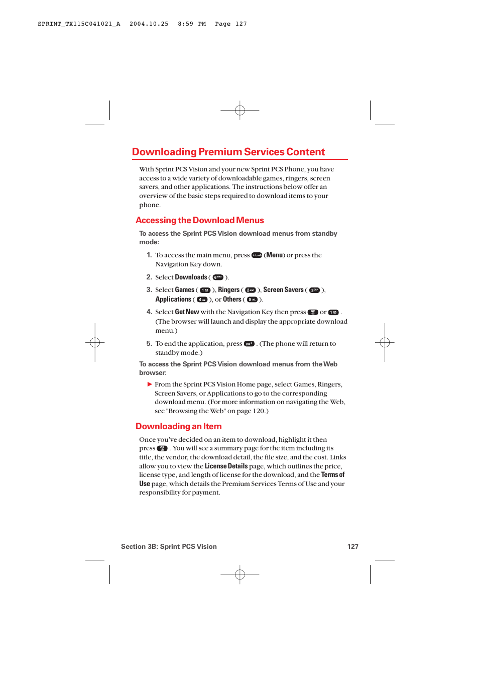 Downloading premium services content, Accessing the download menus, Downloading an item | Audiovox PM-8912 User Manual | Page 136 / 201