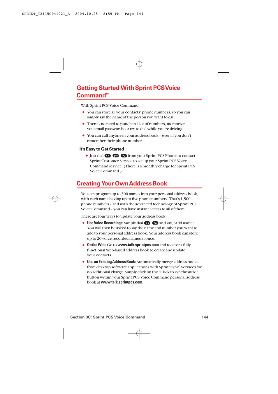 Getting started with sprint pcs voice command, Creating your own address book | Audiovox PM-8912 User Manual | Page 153 / 201