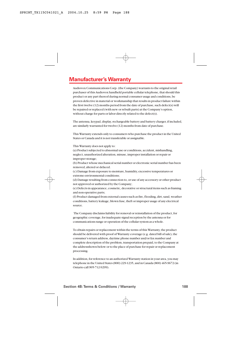 Manufacturer’s warranty | Audiovox PM-8912 User Manual | Page 197 / 201