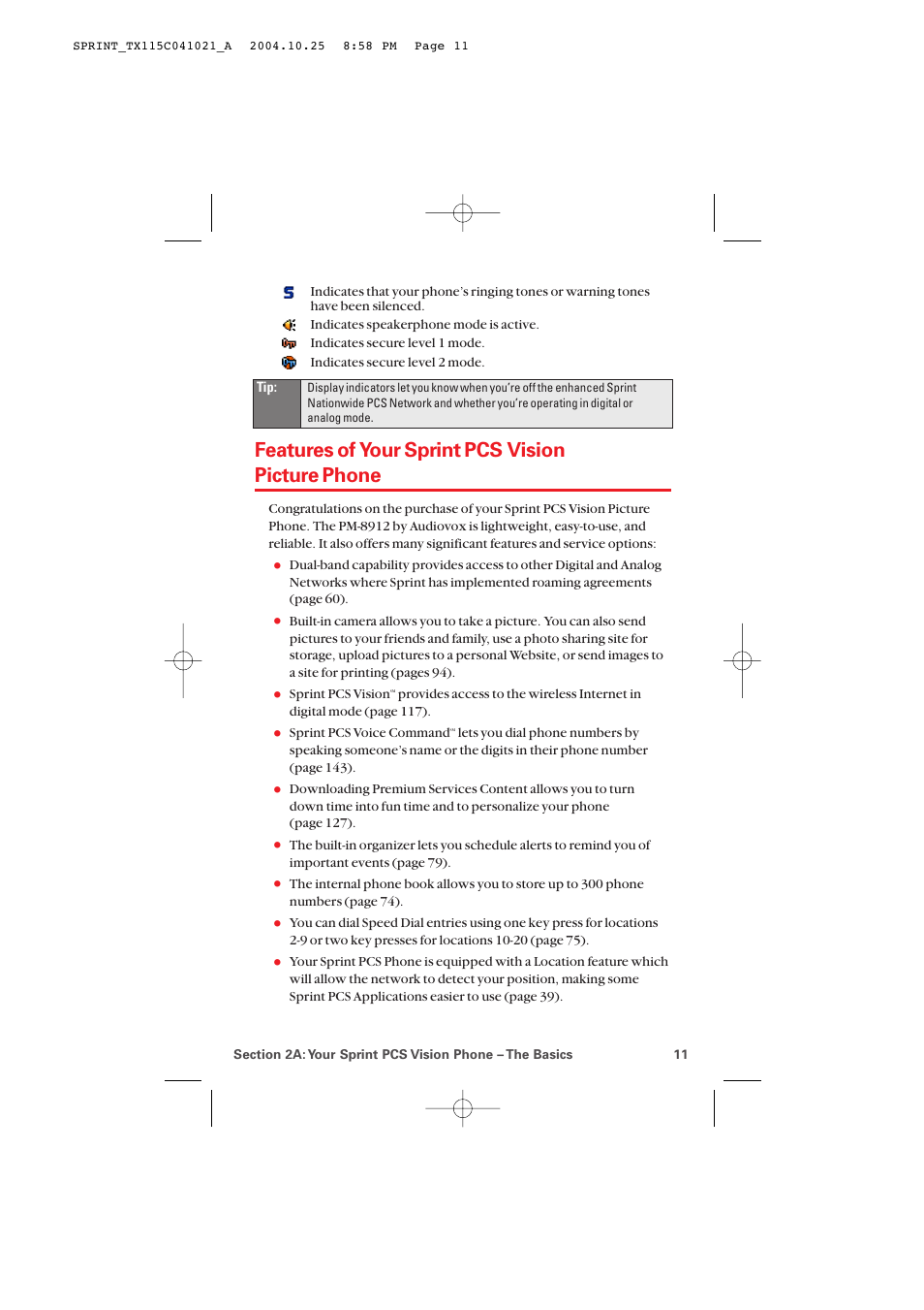 Features of your sprint pcs vision picture phone | Audiovox PM-8912 User Manual | Page 20 / 201